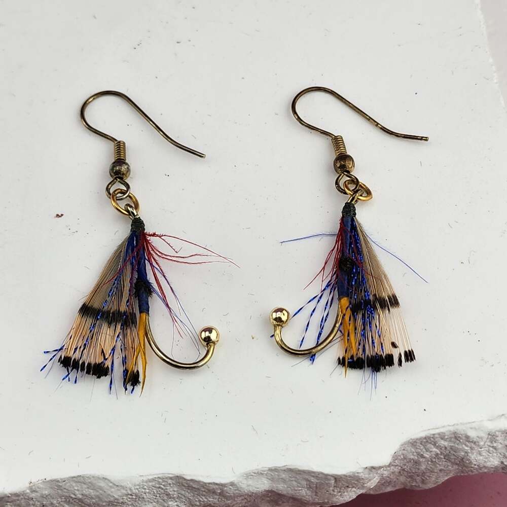 Fishing Fly Lure Feather Earrings Blue Gold Tone Whimsical Outdoor Dangle